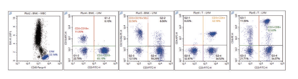 Fig. 1 — Lymphocyte Subset Percentage Trends Over 22 Days (n=20, human peripheral blood). T cells (CD3⁺), B cells (CD19⁺), NK cells (CD3⁻CD16⁺CD56⁺). Leukocyte Stabilization Tube maintains stable subset percentages through Day 22. EDTA controls show progressive drift from Day 3 onward.